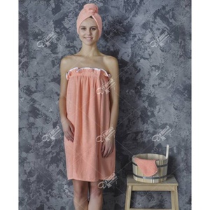 Комплект для сауны Женский "Душка-Махрушка" Персиковый (Полотенце+Чалма+Варежка)